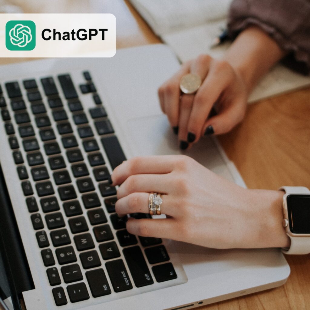 Woman typing in the laptop using chatGPT or AI for content creation.