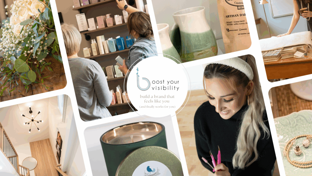 Collage of small business owners, handmade products, and branding elements with Boost Your Visibility logo in the center.