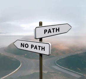 Roadside signpost with two directional signs reading “PATH” and “NO PATH” against a misty background, representing choices and clarity.