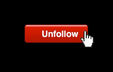 Red unfollow button with a hand cursor clicking it, highlighting customer disengagement due to irrelevant or self-centered social media content.