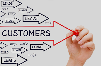 and holding a red marker drawing arrows towards the word "CUSTOMERS" with surrounding words "LEADS".