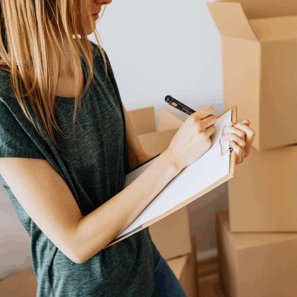 Woman writing on a clipboard while standing near stacked cardboard boxes, representing small business inventory management and planning.