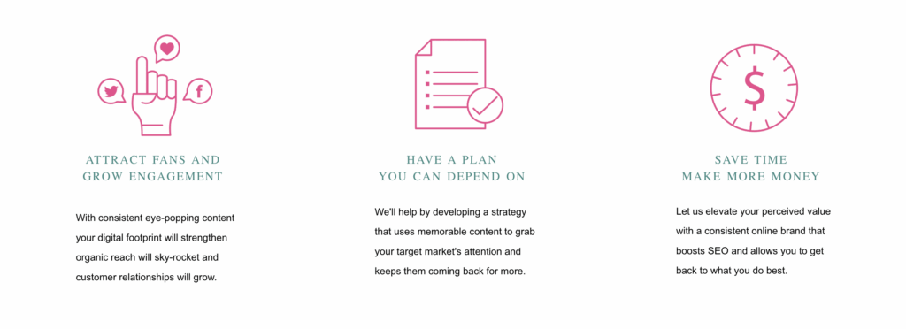 Icons showing how Boost Your Visibility helps small businesses grow engagement, plan content, and save time